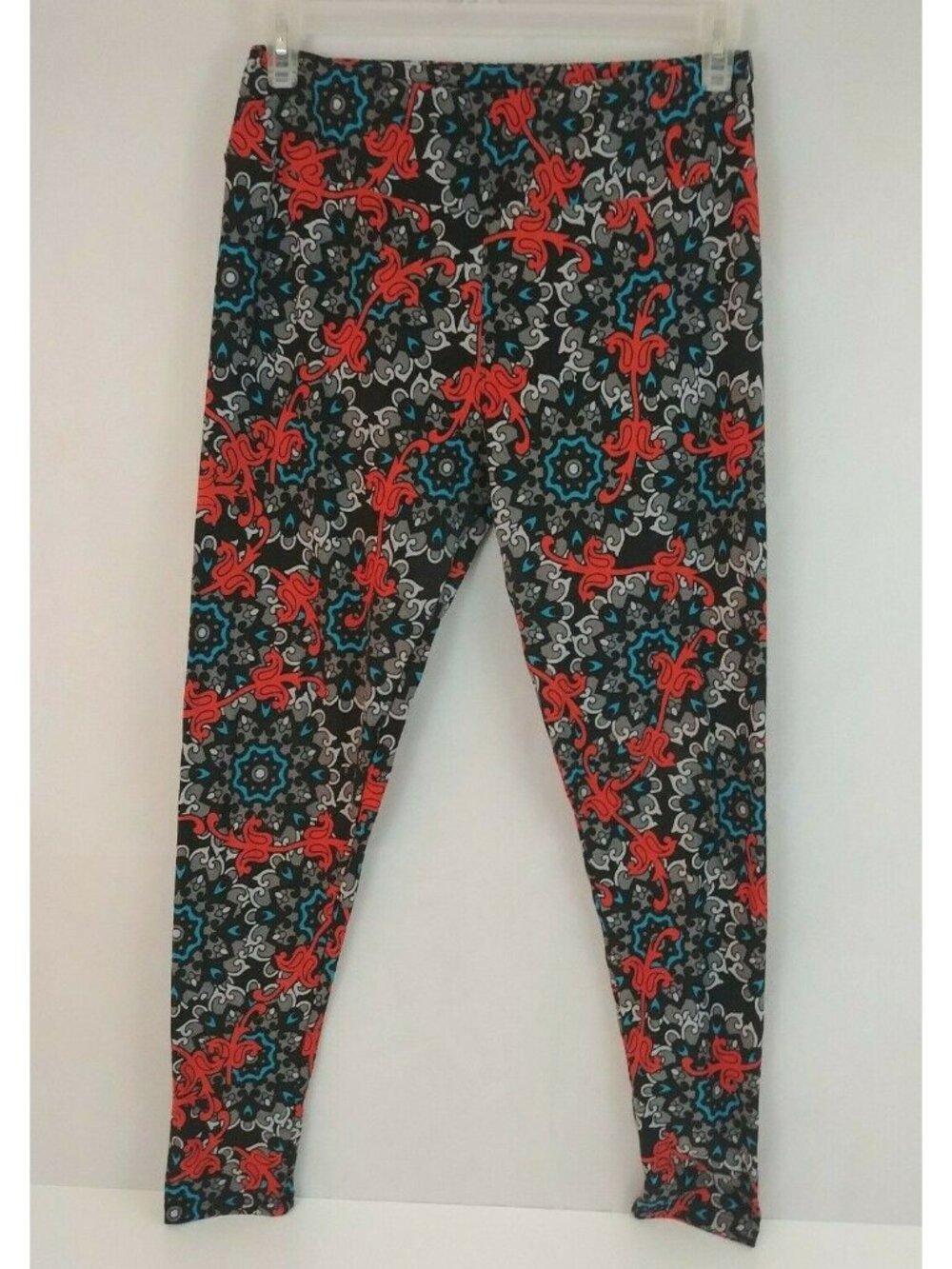 LuLaRoe Tall & Curvy Leggings Black With Gray, Jade, & Red Floral Paisley Design